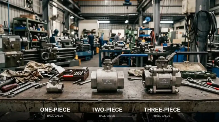 One-piece, two-piece and three-piece stainless steel ball valves on a factory workbench