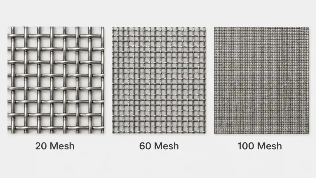 Macro comparison of 20, 60 and 100 mesh stainless steel screens