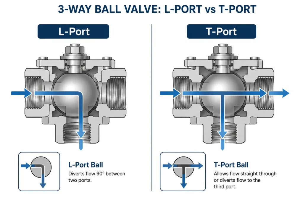 L-port vs T-port 3-way ball valve flow paths