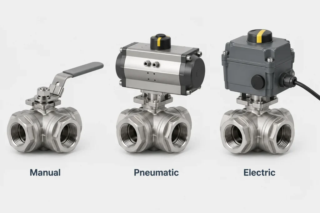 Manual, pneumatic, and electric 3-way ball valve actuation options