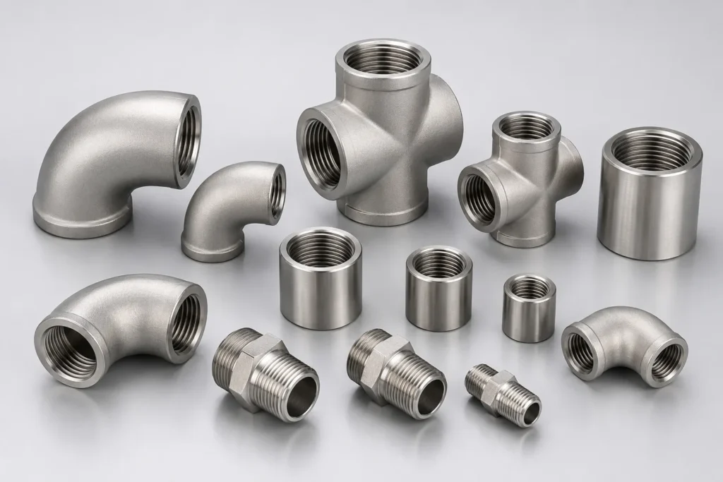 Assortment of 316 stainless steel pipe fittings including elbows, tees, couplings and hex nipples