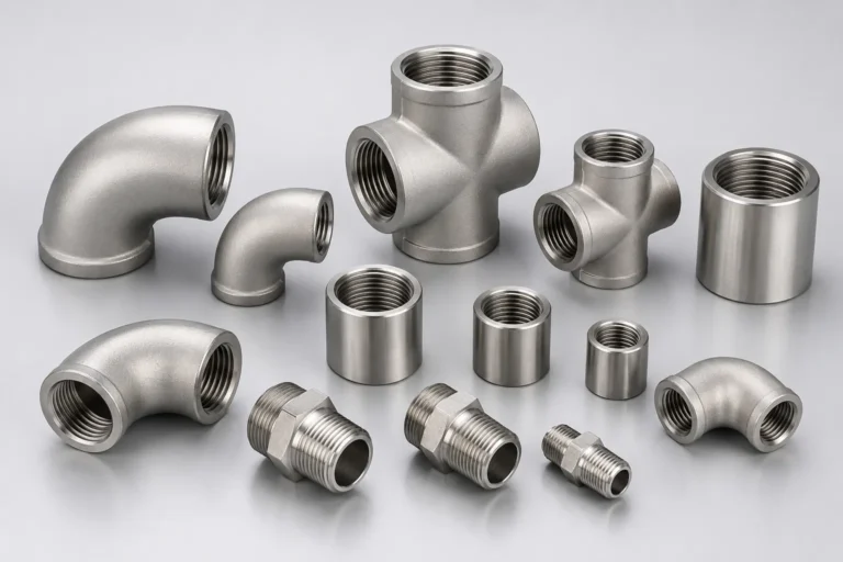 Assortment of 316 stainless steel pipe fittings including elbows, tees, couplings and hex nipples