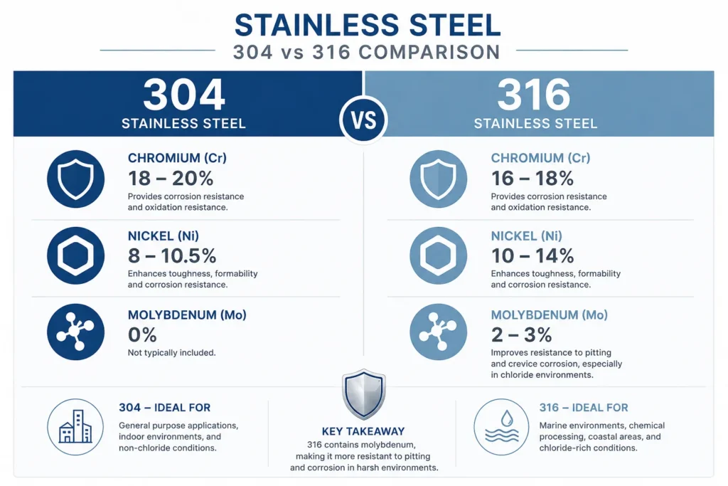 304 vs 316 stainless steel comparison showing chromium, nickel and molybdenum content