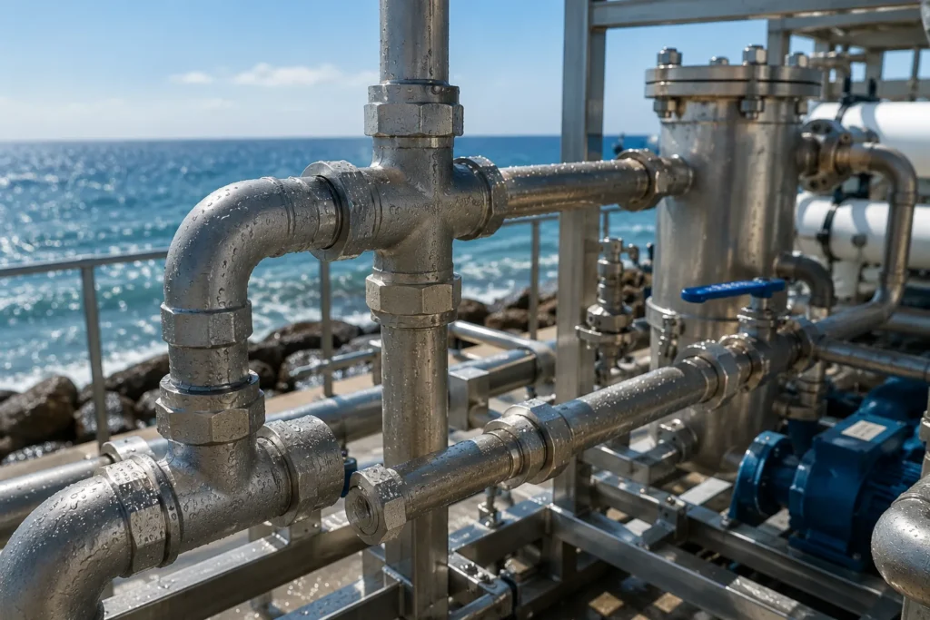316 stainless steel pipe fittings on a coastal seawater treatment skid
