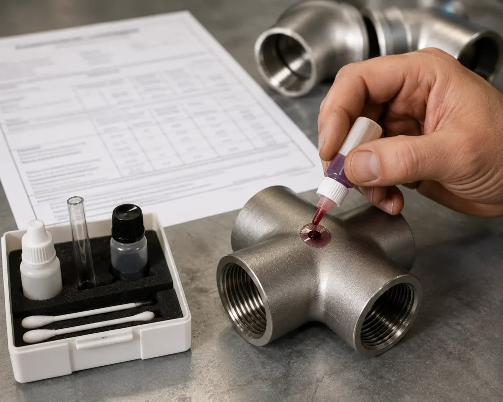 Molybdenum spot test and material test certificate verifying a genuine 316 stainless fitting