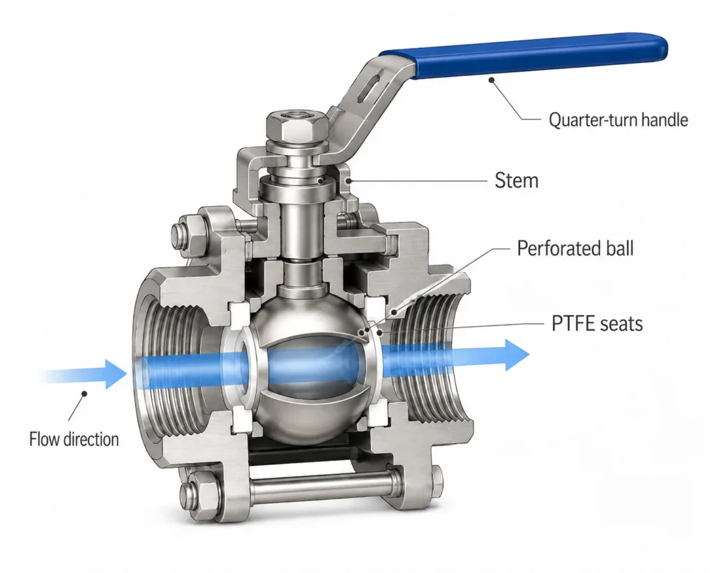 ball valve cutaway showing bored ball, PTFE seats and stem