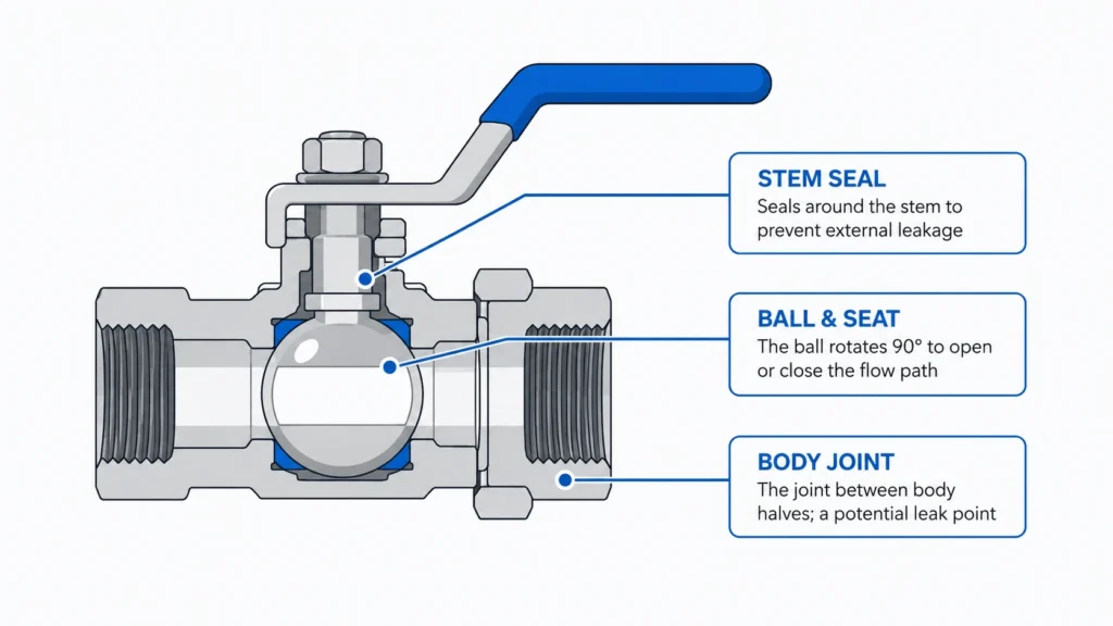 Ball valve leak zones diagram showing stem seal, ball and seat, and body joint