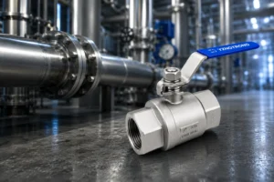 Stainless steel YZNGTRONG ball valve in an industrial plant, illustrating ball valve leaking prevention
