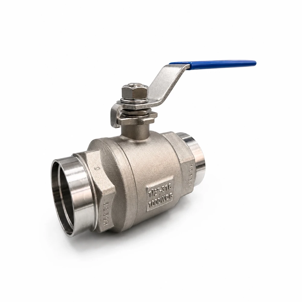 Two-piece butt weld ball valve in 316 stainless steel, 1000 WOG, full port with lever handle