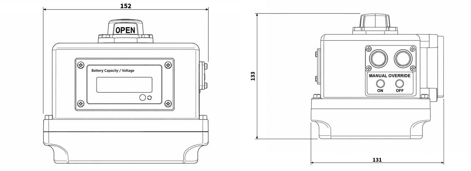 YZ-25 battery backup electric valve actuator dimension drawing, 152 x 133 x 131 mm - YZNG TRONG
