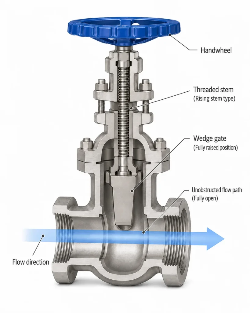 rising stem gate valve cutaway showing wedge gate and handwheel