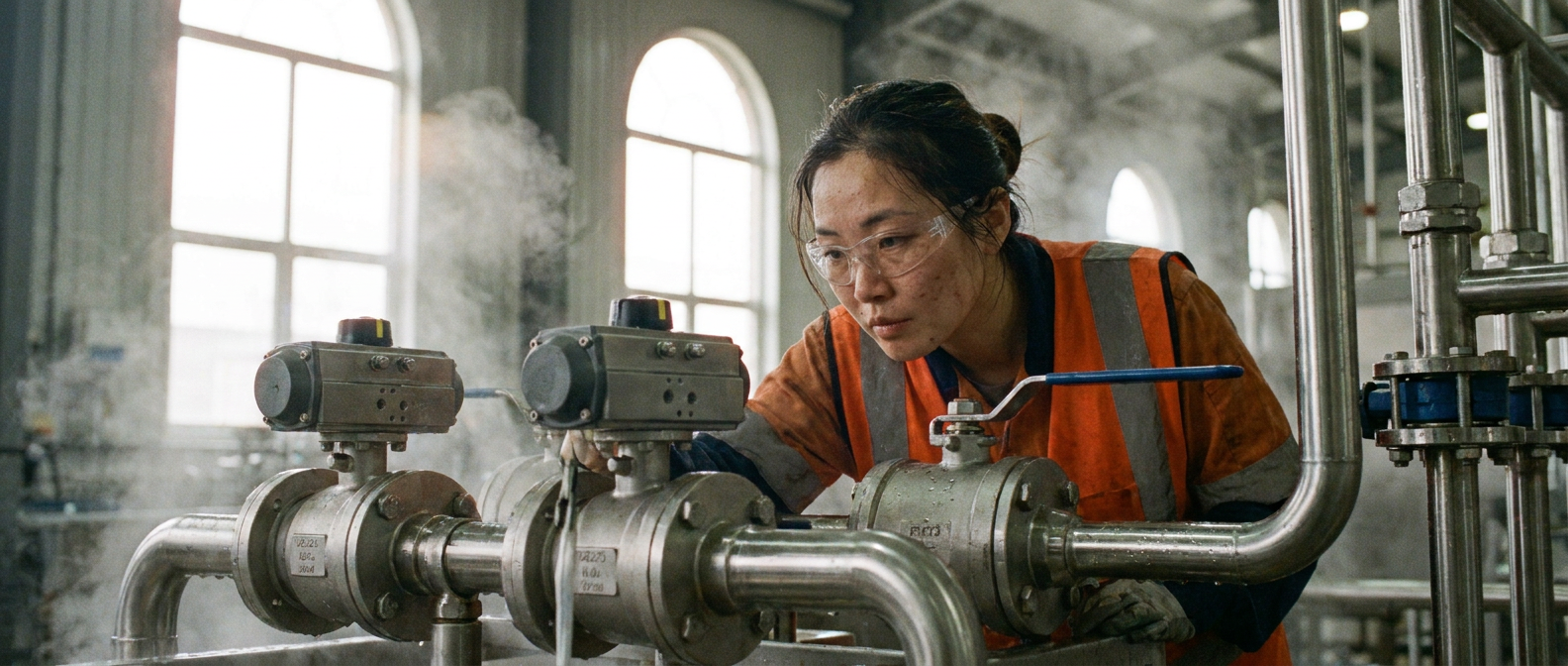 Operator inspecting installed stainless steel ball valves on a process line — matching ball valve body types to the application
