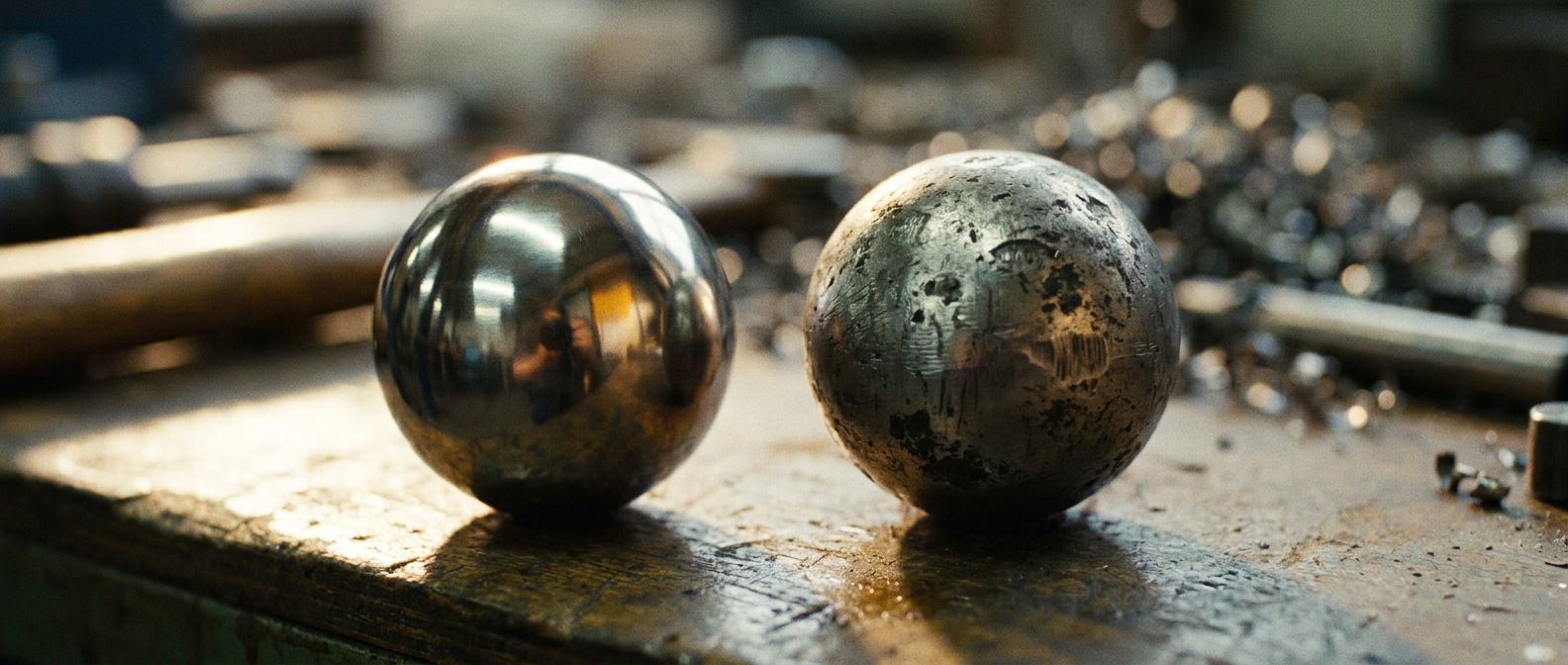 Close-up comparison of a mirror-polished valve ball versus a rough, pitted ball, illustrating Taiwan-made valves quality