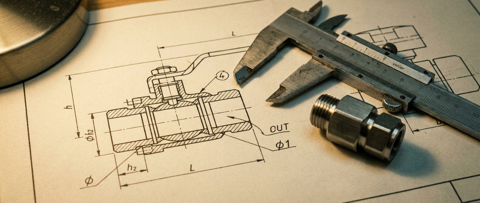 Engineering drawing of a ball valve cross-section with dimension callouts and calipers for a valve RFQ