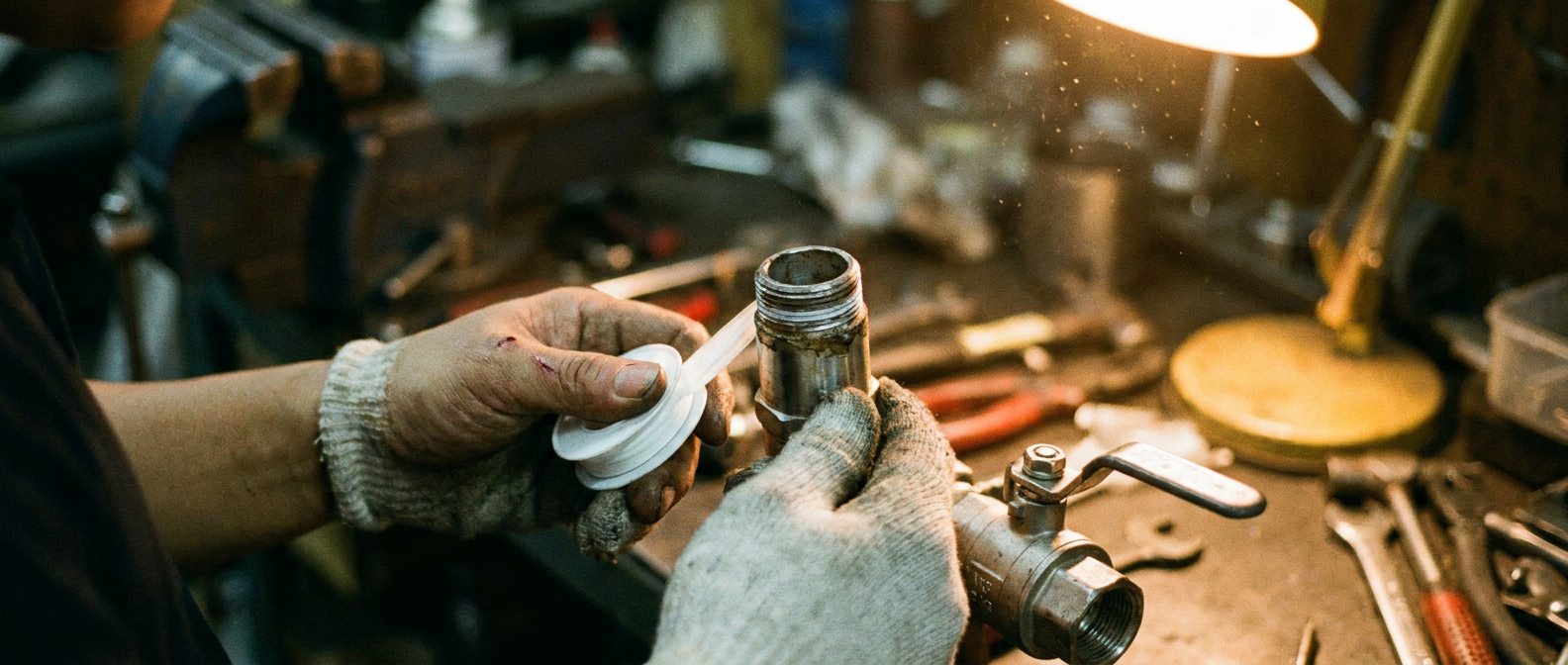 Technician wrapping PTFE thread-seal tape before fitting a threaded valve — one of the common valve end connections
