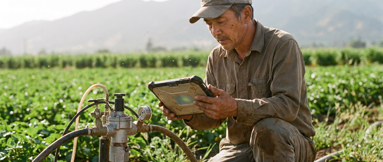 Agronomist using a tablet controller at an automated irrigation valve station with smart irrigation valves