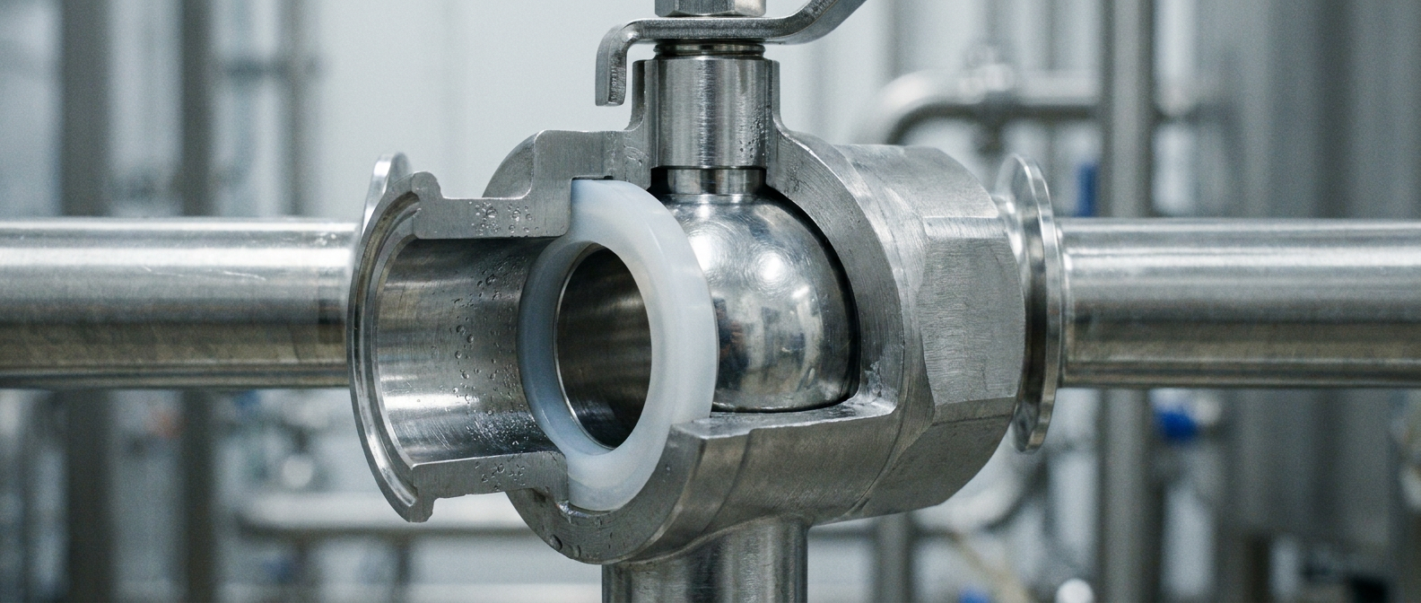 Vue en coupe d'une vanne à bille sanitaire à raccord Tri-Clamp, dotée d'un siège encapsulé sans interstices qui empêche la contamination croisée dans le secteur agroalimentaire