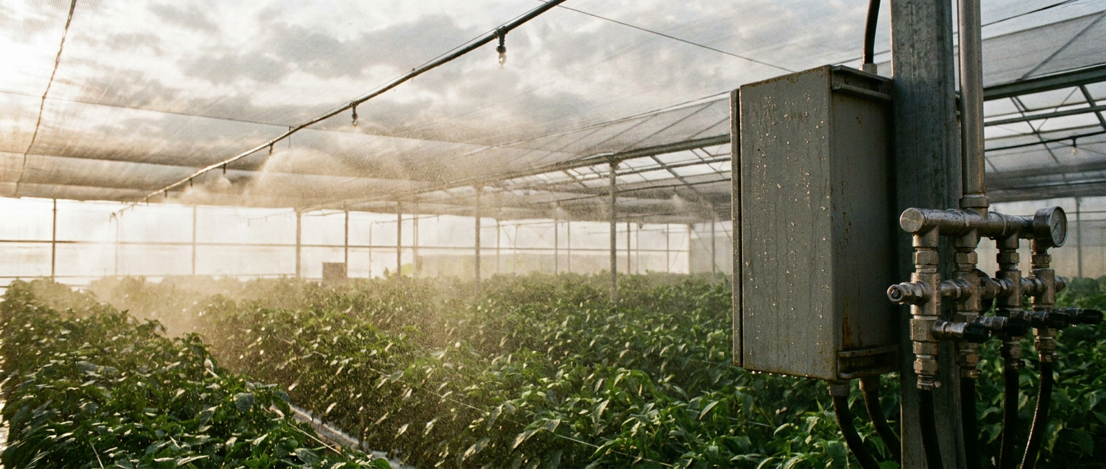 Automated greenhouse irrigation running with a control box and stainless valve manifold using smart irrigation valves