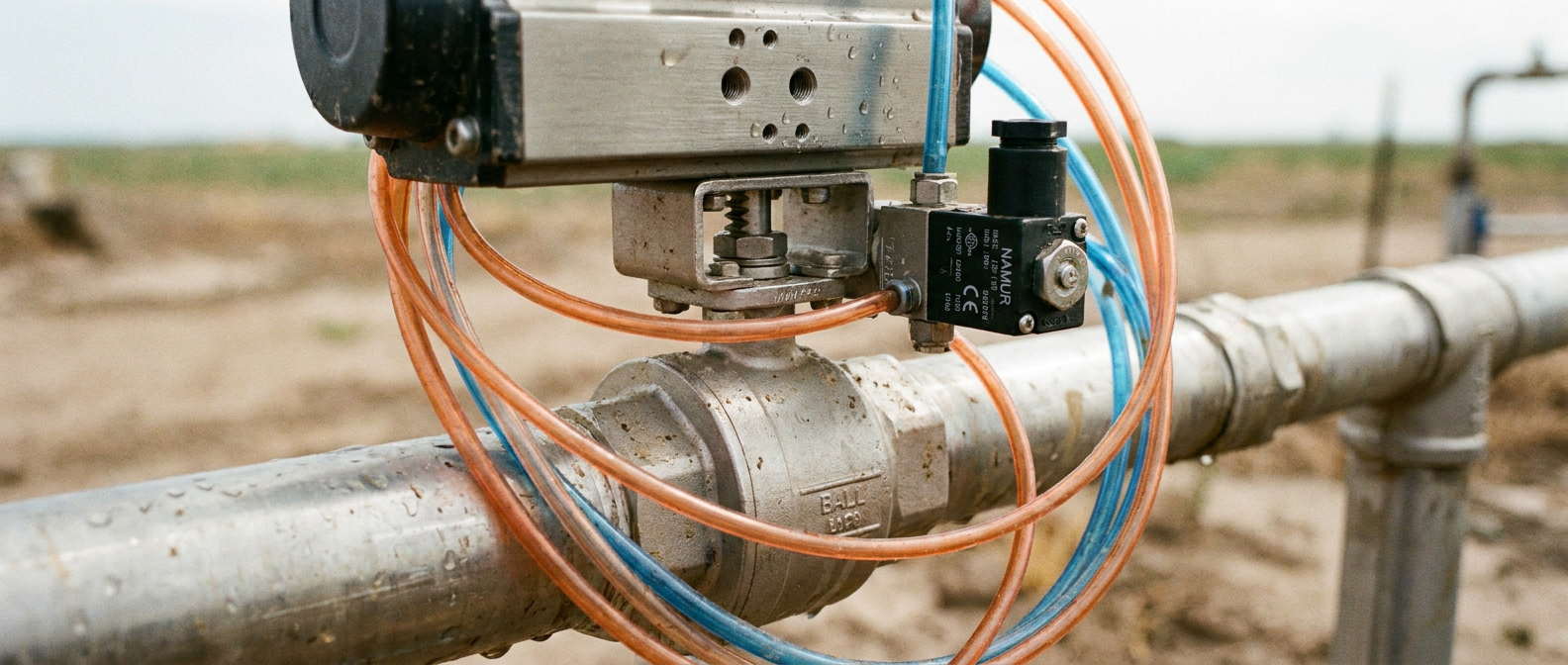 Close-up of a pneumatic ball valve with rack-and-pinion actuator paired with a NAMUR solenoid valve — core smart irrigation valves