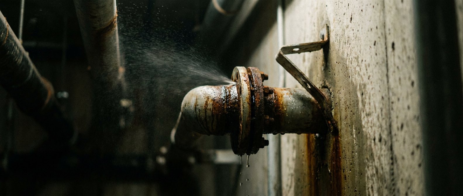 Stressed leaking pipe joint and bent bracket showing damage from water hammer in high-rise buildings