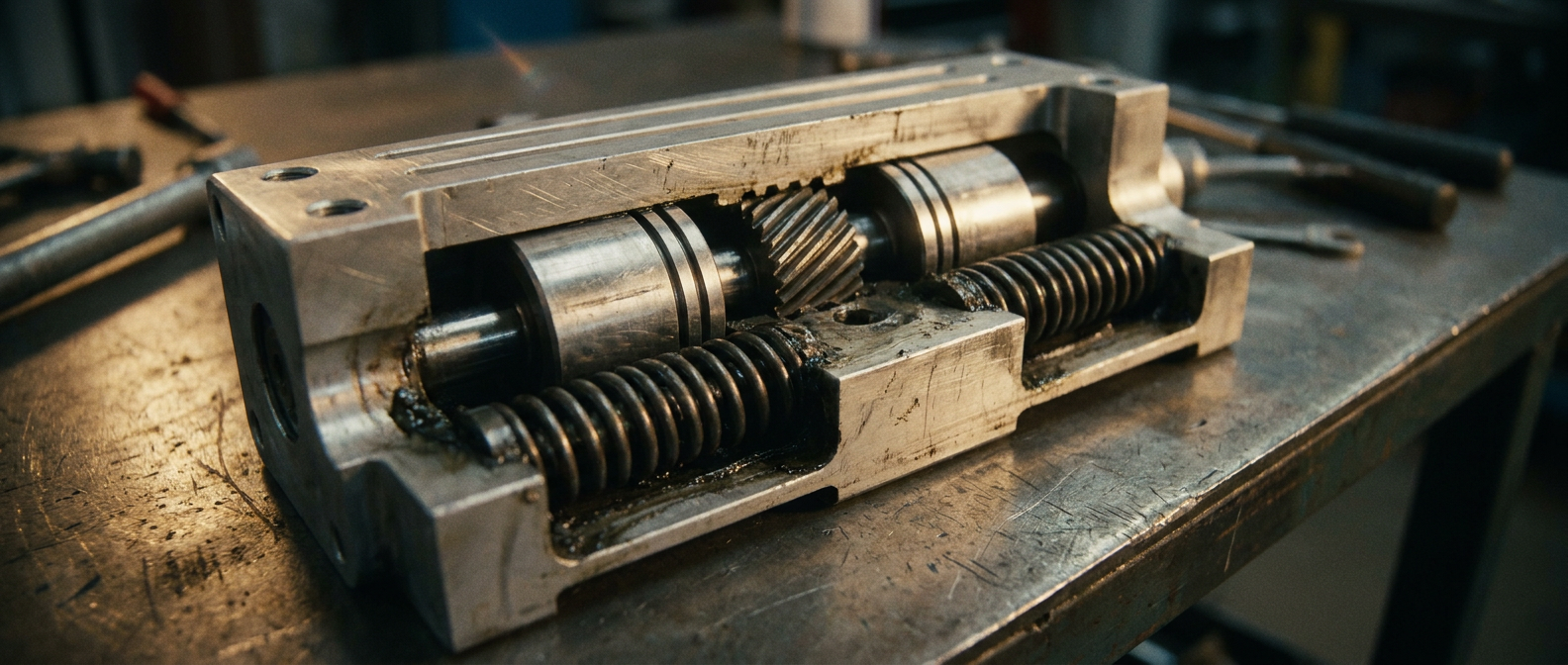 Vue en coupe d'un actionneur pneumatique à crémaillère et pignon montrant les pistons, le pignon et les ressorts de rappel