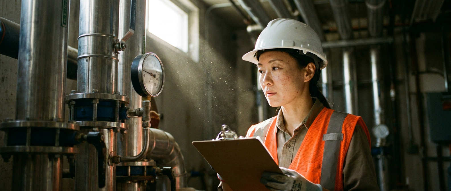 Building MEP engineer inspecting a pressure gauge on a riser valve to manage water hammer in high-rise buildings