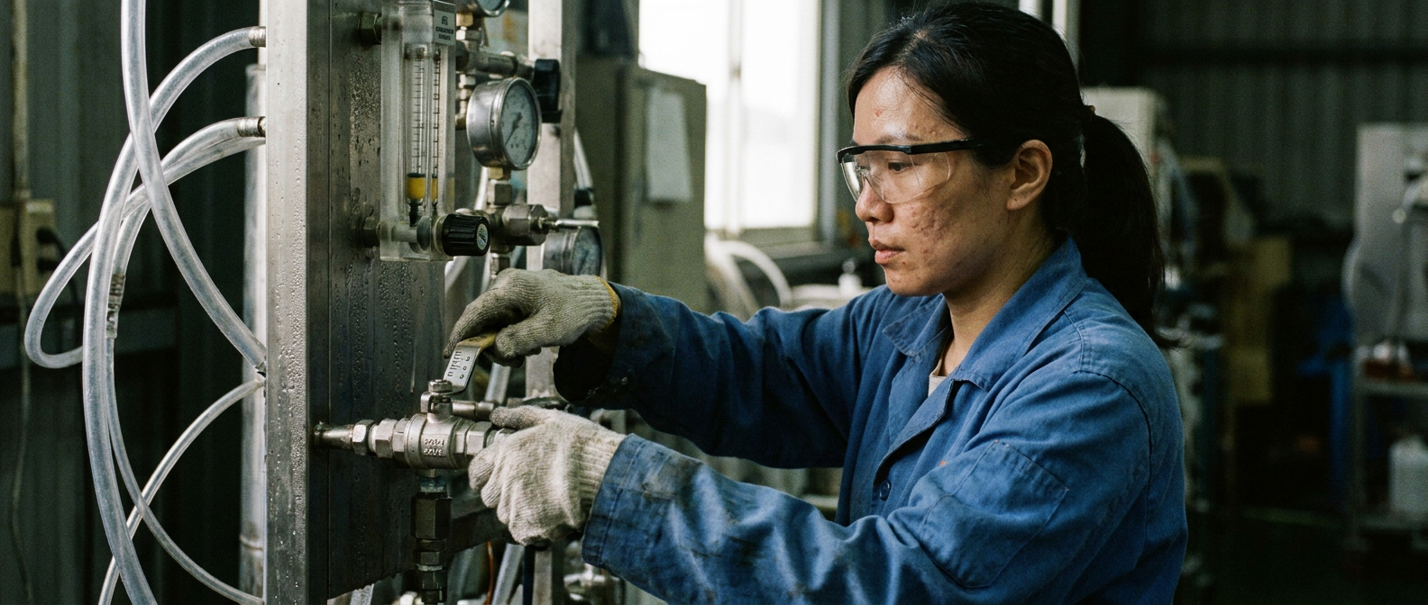 Technician adjusting a graduated-handle ball valve on a pilot-plant skid to set a steady flow