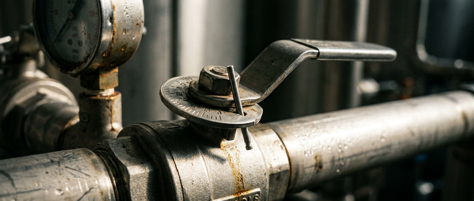 Ball valve lever locked at a partial angle on a degree-scale plate using a graduated handle