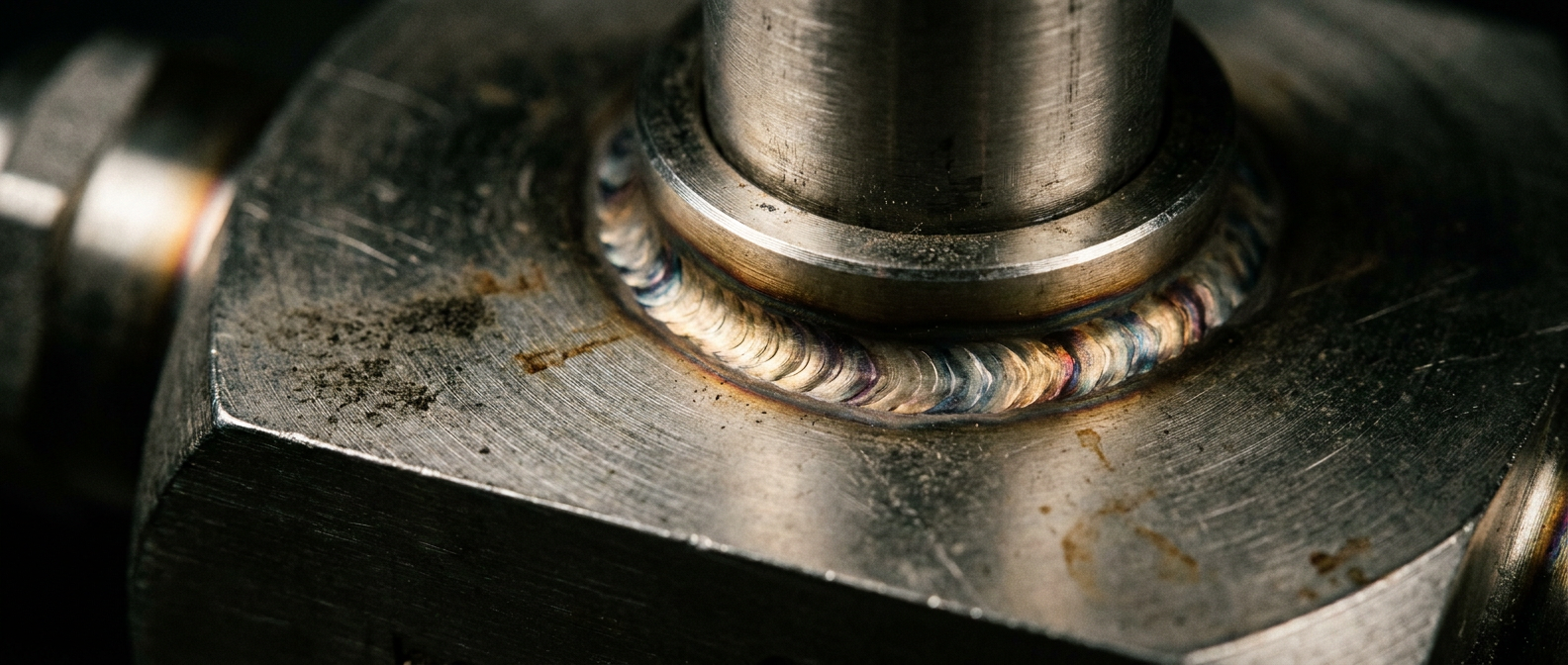 Close-up of a stainless steel socket-weld joint with a fillet weld — a common valve end connection for small-bore high-pressure lines