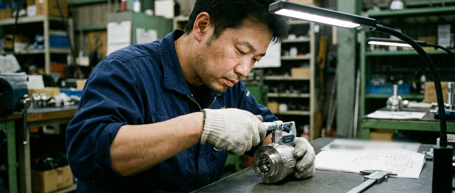 Quality inspector measuring a Taiwan-made valve with a micrometer beside a material test report