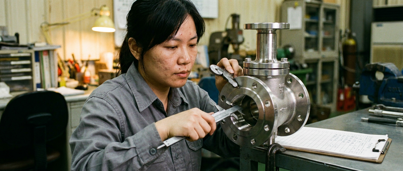 Procurement engineer measuring a valve end connection with a thread gauge while preparing a valve RFQ