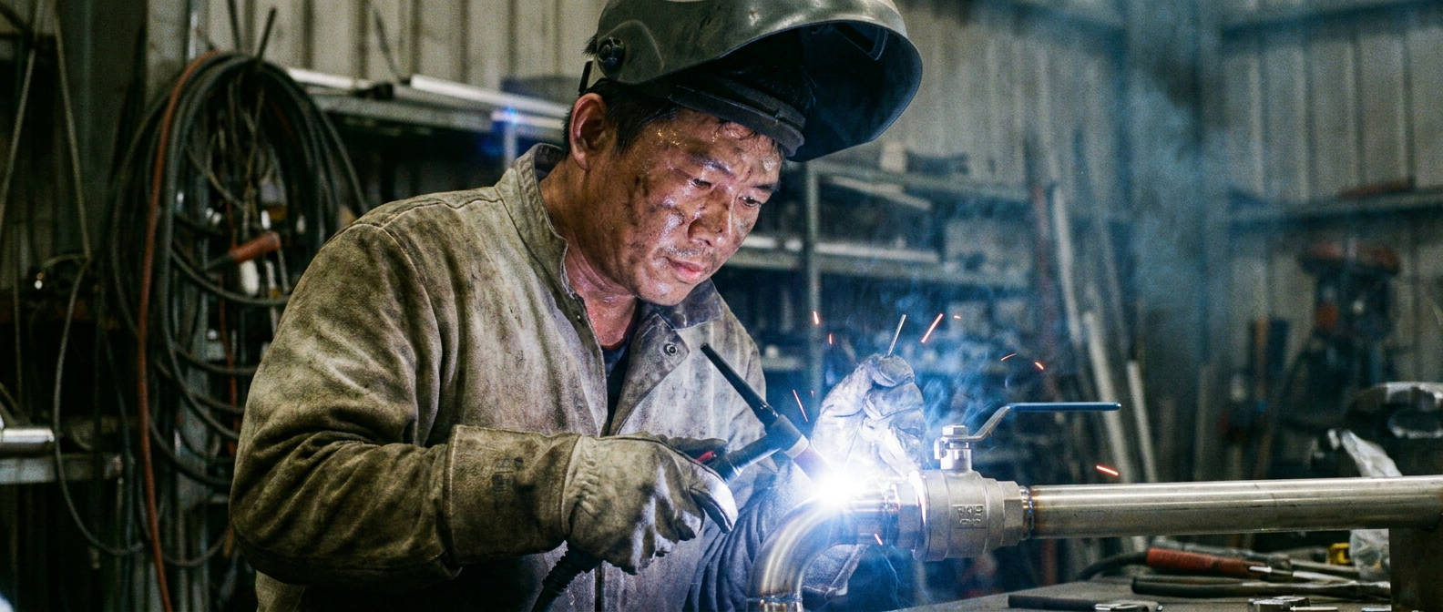 Welder TIG-welding a butt-weld stainless steel ball valve to a pipe — the highest-integrity valve end connection