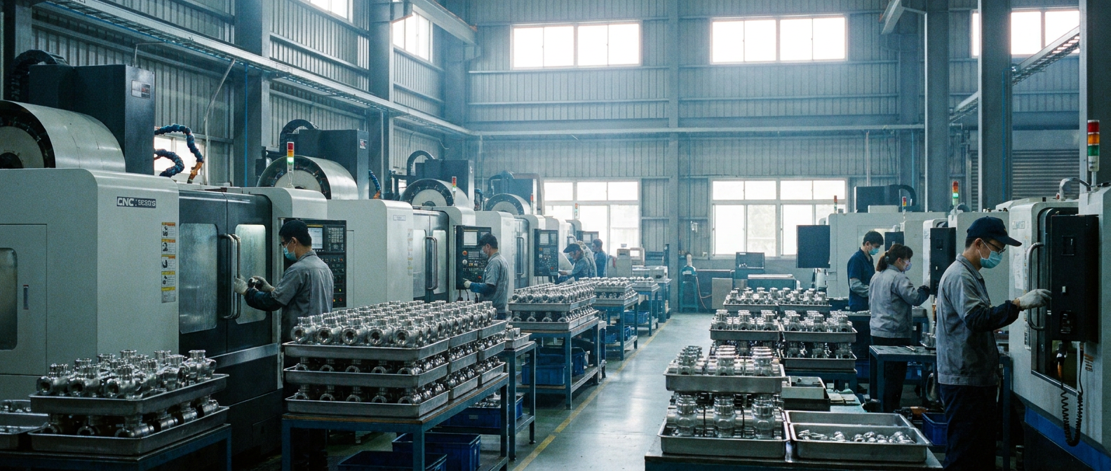 Clean, organised Taiwanese precision valve factory floor producing Taiwan-made valves