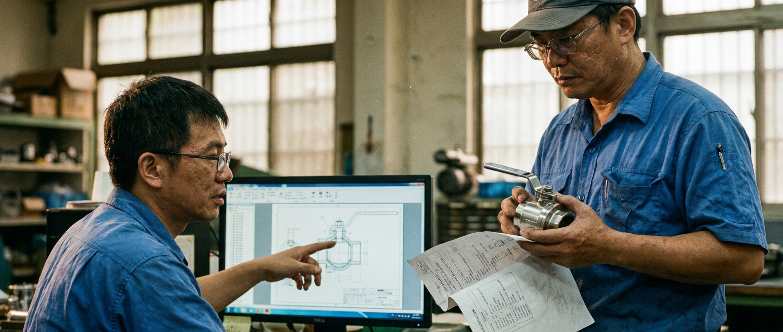 Two engineers reviewing a valve specification on screen with a sample valve to answer a valve RFQ