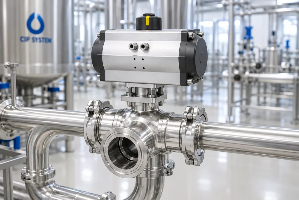 Sanitary 3-way ball valve on a clean-in-place (CIP) system