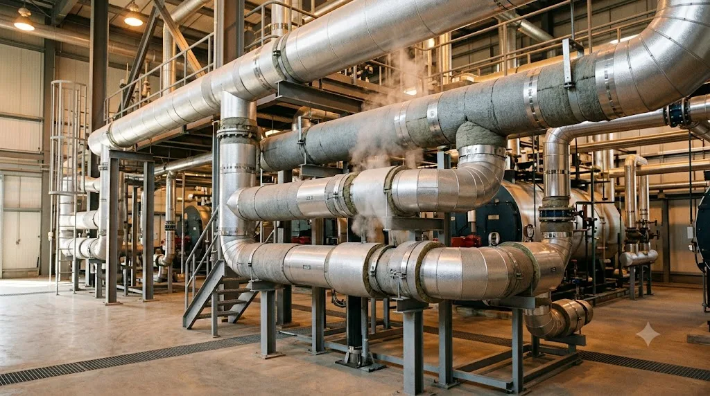 Isolierte Dampfleitungen in einem industriellen Kesselraum