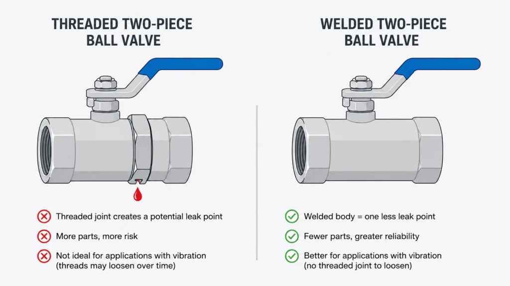 Threaded versus welded two-piece ball valve comparison, the welded body has one less leak point