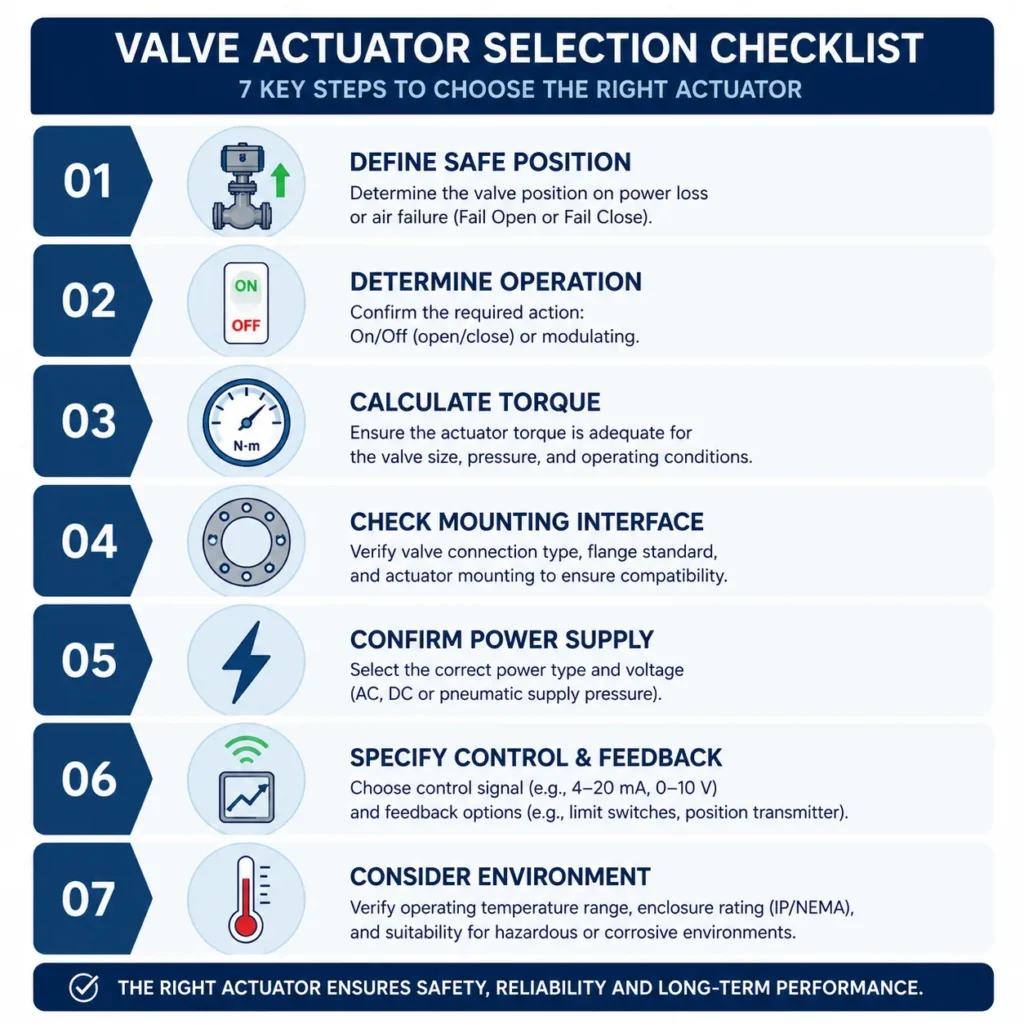 Seven-step valve actuator selection checklist infographic