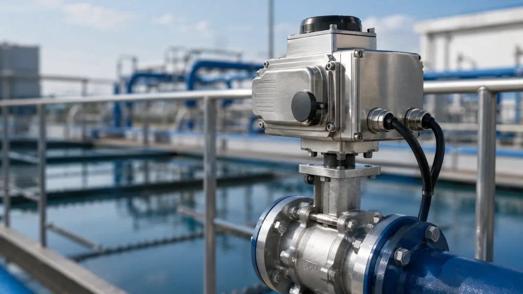 Stainless steel electric valve actuator mounted on a ball valve at a water treatment plant