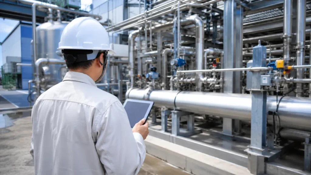 Engineer inspecting stainless steel pipelines in an industrial plant