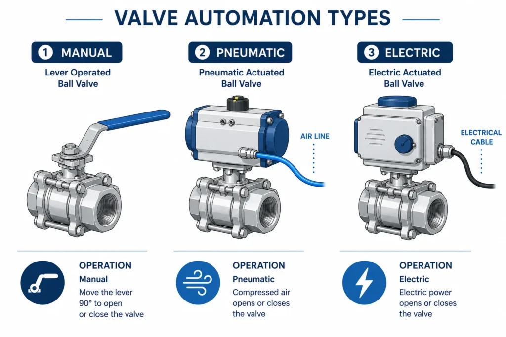 Comparison of manual, pneumatic, and electric ball valve actuators