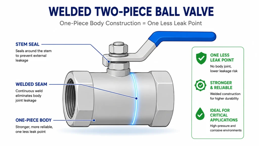 Welded two-piece ball valve with a one-piece body for one less leak point
