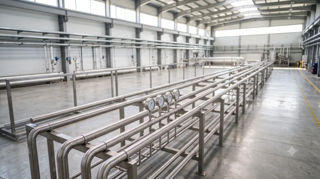 Prozessrohrleitungen aus Edelstahl mit Manometern in einer Industrieanlage