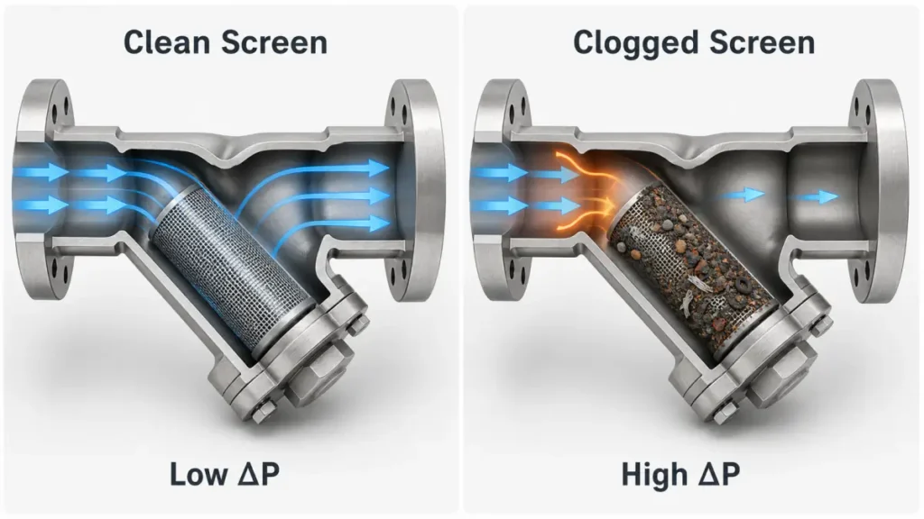 Clean and clogged Y strainer screens showing low and high differential pressure