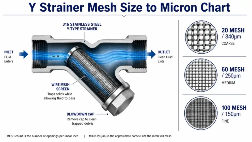 Y strainer cutaway showing the wire-mesh screen and typical openings for 20, 60 and 100 mesh