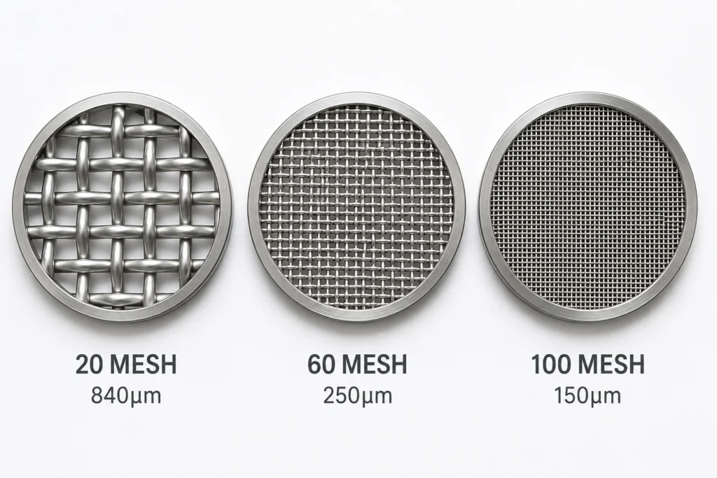 20, 60 and 100 mesh stainless steel wire screens compared, 840, 250 and 150 micron openings