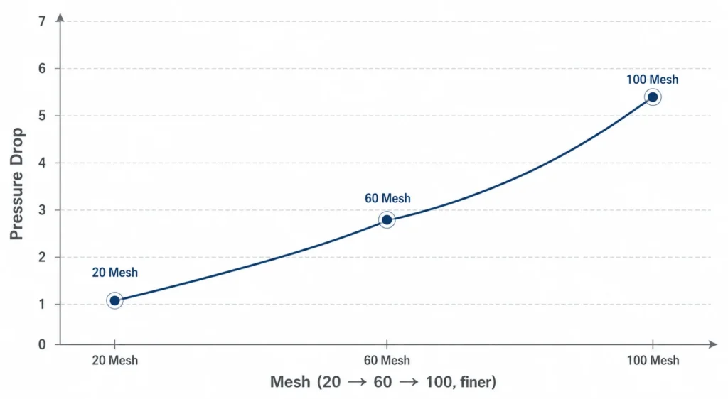 Y strainer pressure drop rising as mesh gets finer from 20 to 100 mesh