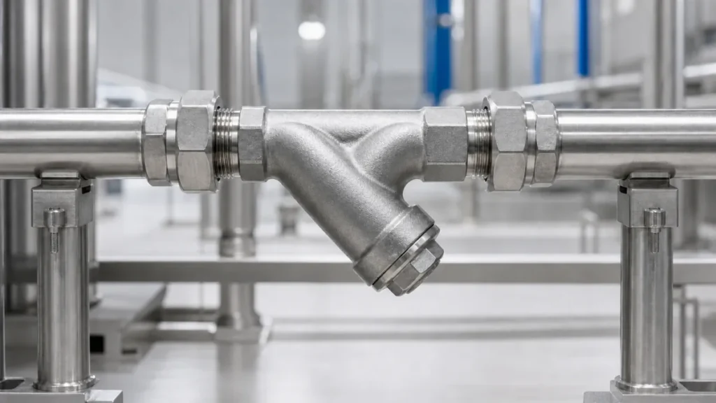 316 stainless steel Y strainer installed in industrial process piping