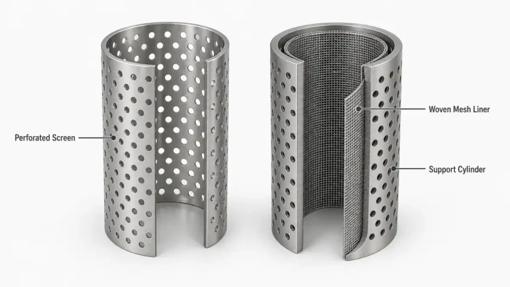 Cutaway comparing a perforated screen with a supported woven mesh liner