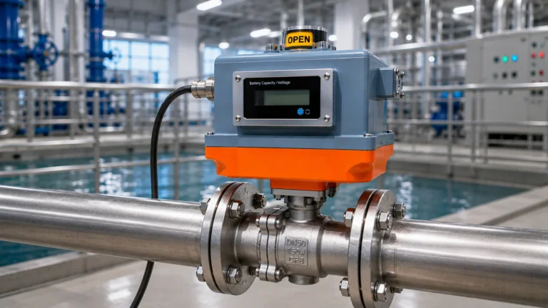 Stainless steel battery-powered electric ball valve installed on flanged piping at a water treatment plant